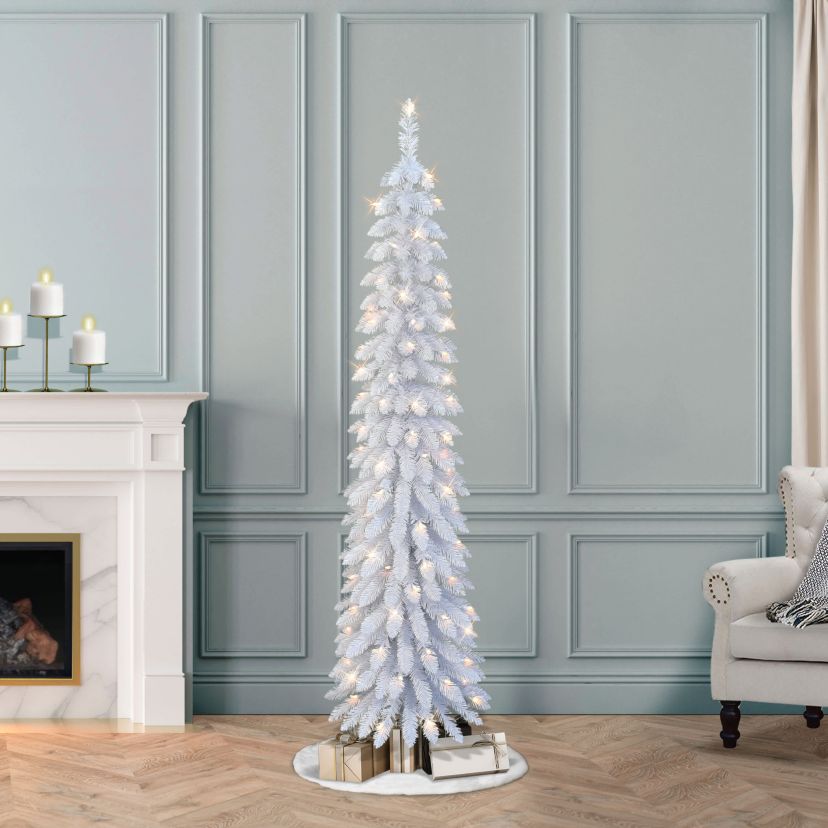 Puleo International 6 Pre-Lit Artificial White Alpine Pencil Tree