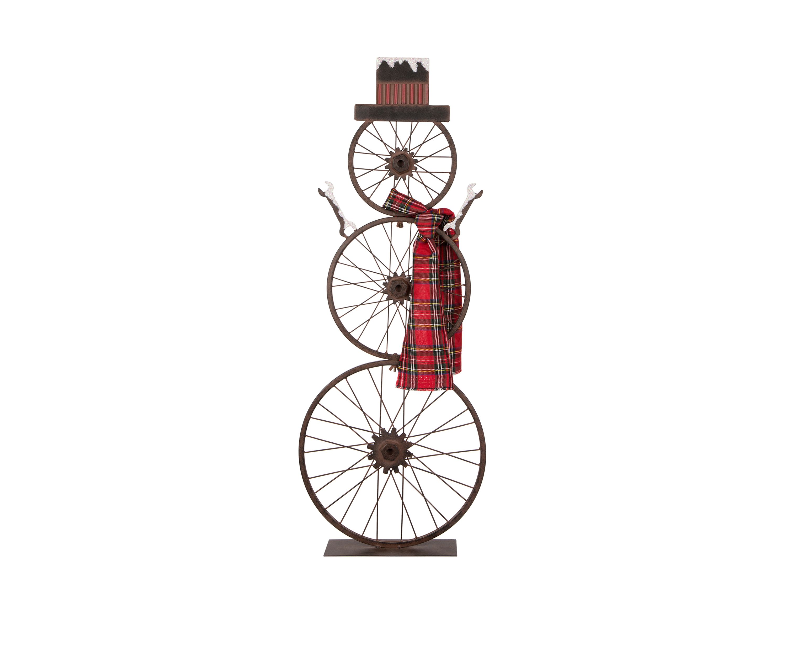 Metal Bike Wheel Snowman with Plaid Scarf Porch Décor