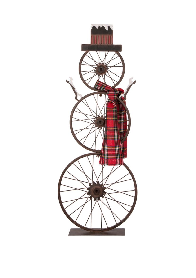 Metal Bike Wheel Snowman with Plaid Scarf Porch Décor