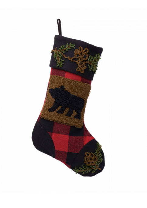 Plaid Stocking with Rug Hooked Bear
