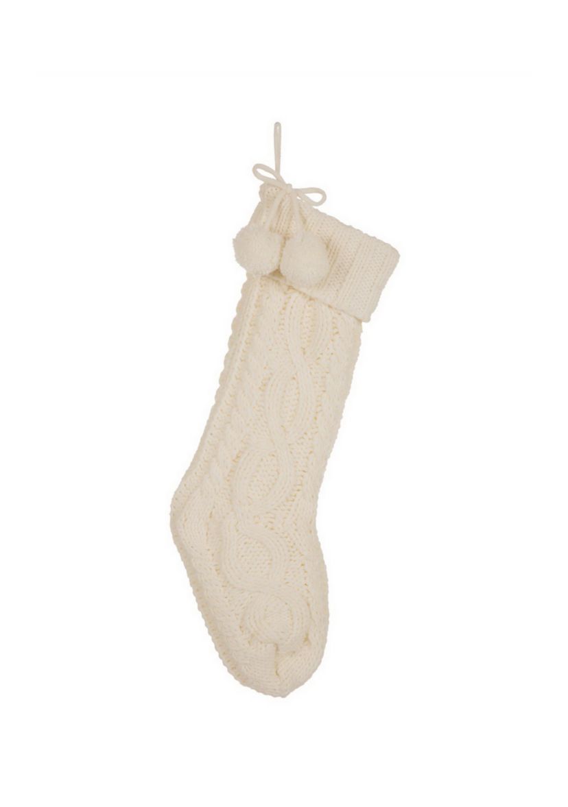 Knitted Polyester Christmas Stocking with Pom Pom Ball-White