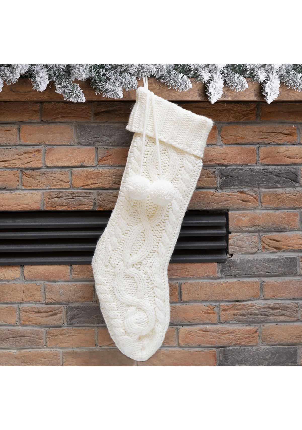 Knitted Polyester Christmas Stocking with Pom Pom Ball-White