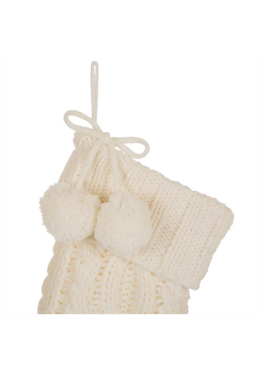 Knitted Polyester Christmas Stocking with Pom Pom Ball-White