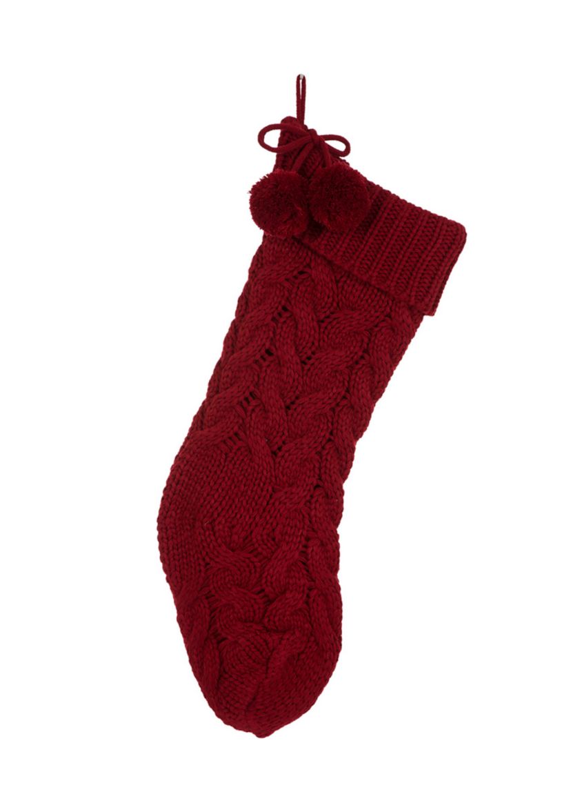 Knitted Polyester Christmas Stocking with Pom Pom Ball-Red