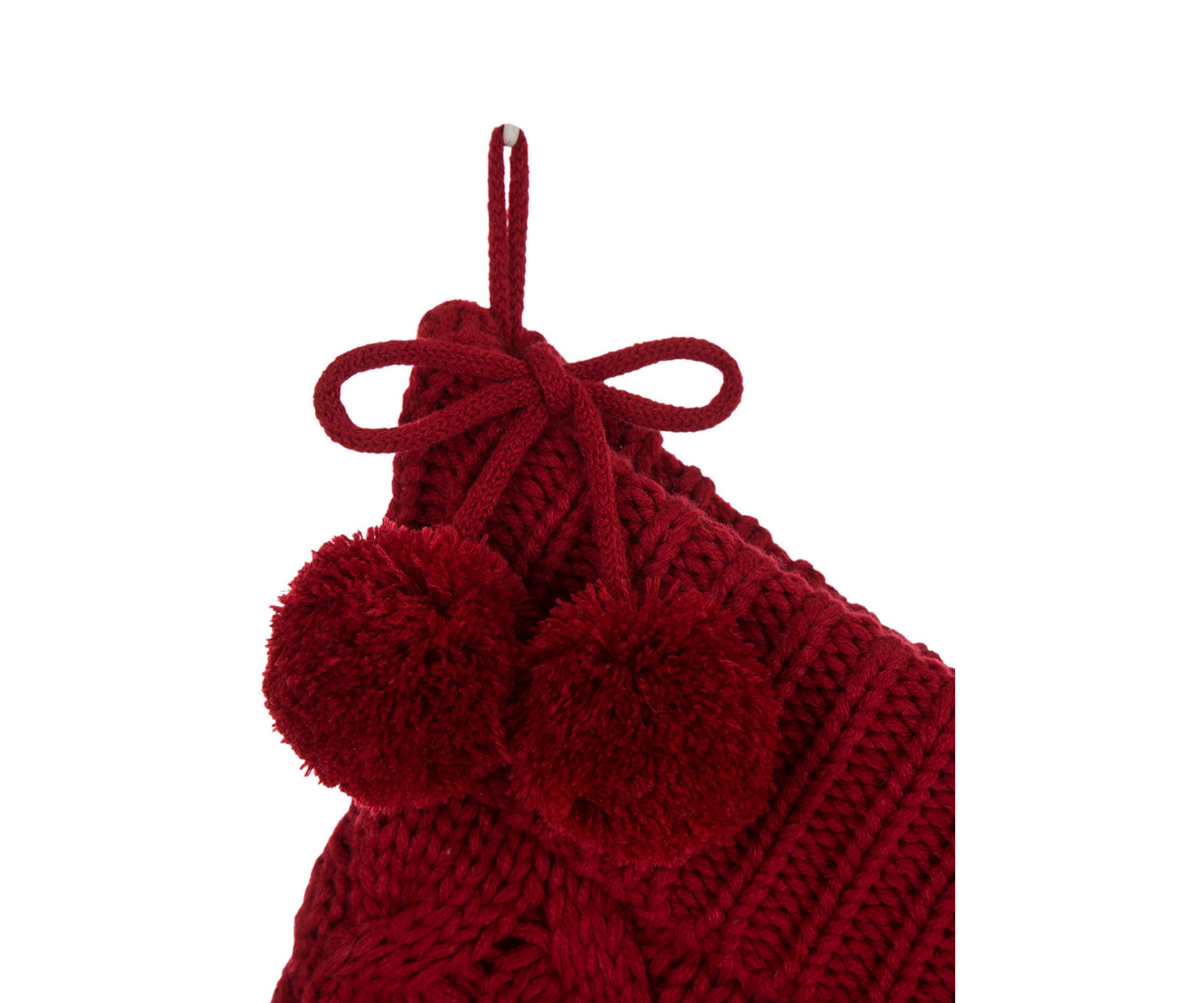 Knitted Polyester Christmas Stocking with Pom Pom Ball-Red