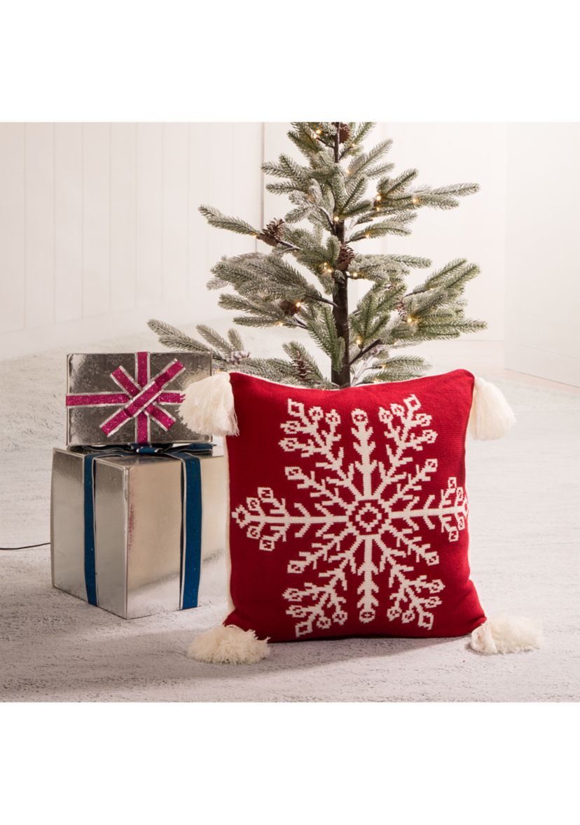 Knitted Snowflake Acrylic Red Pillow Cover with Tassels
