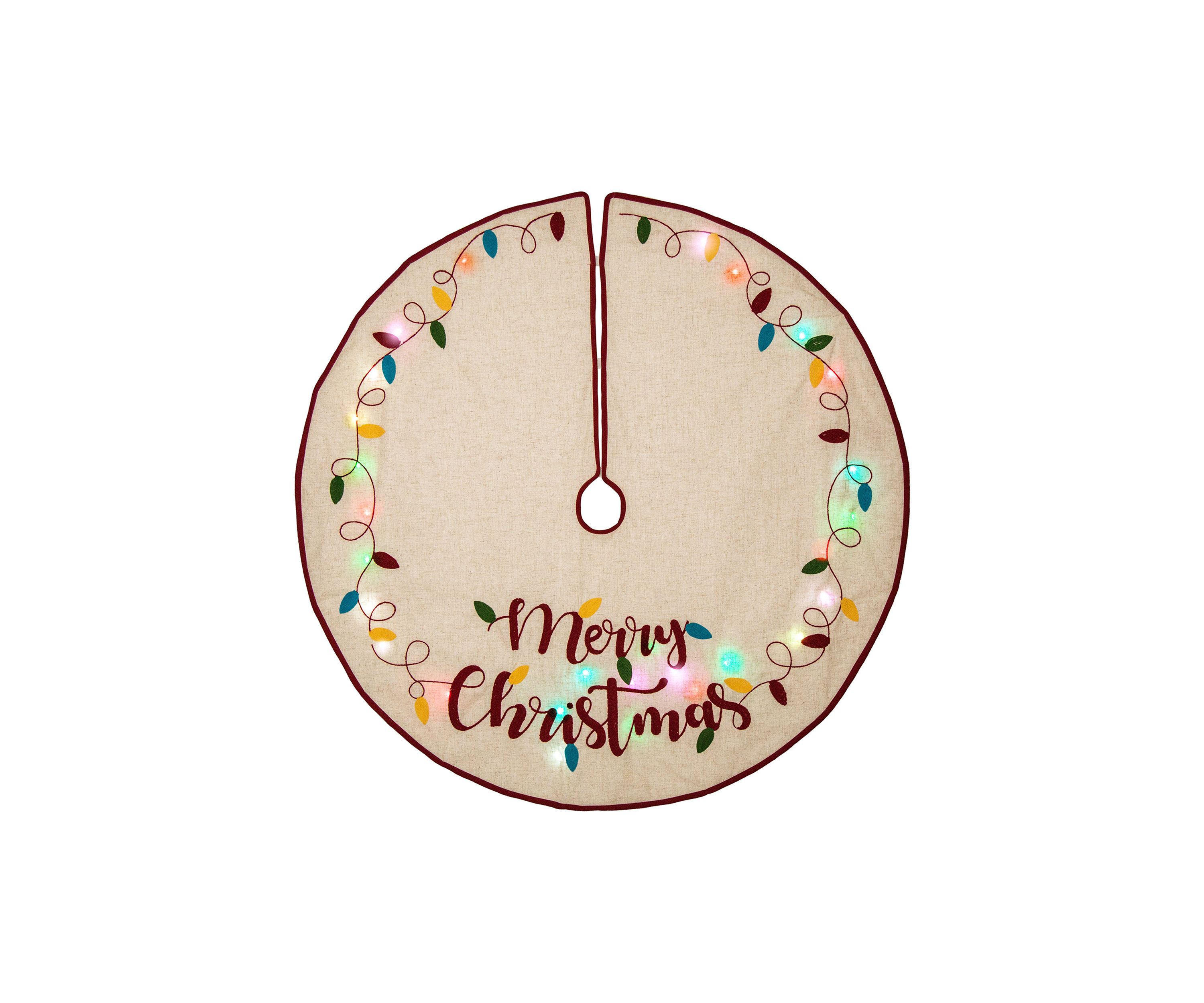 LED Embroidered Linen Christmas Tree Skirt - Merry Christmas