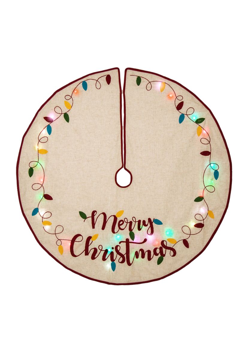 LED Embroidered Linen Christmas Tree Skirt - Merry Christmas
