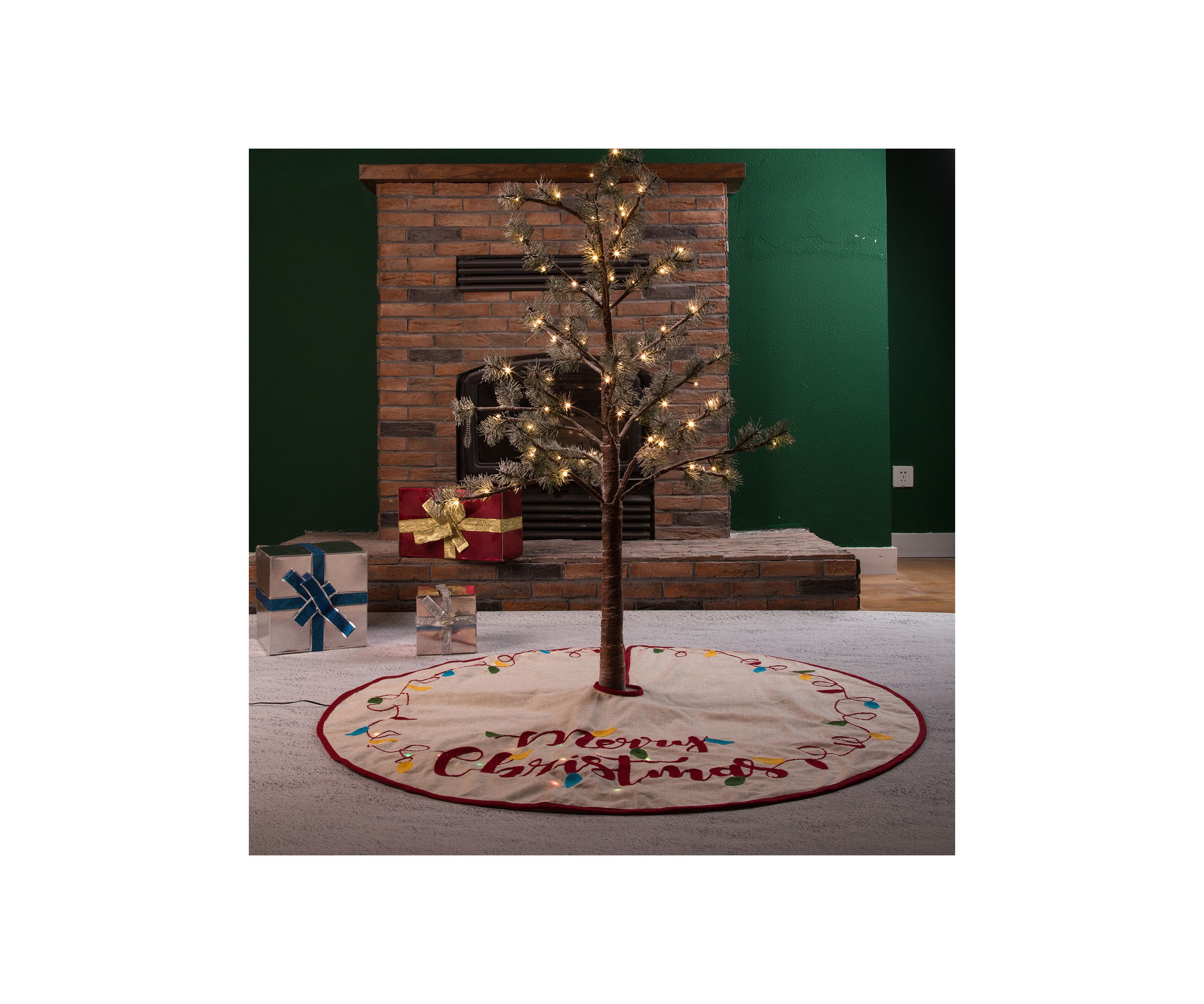 LED Embroidered Linen Christmas Tree Skirt - Merry Christmas