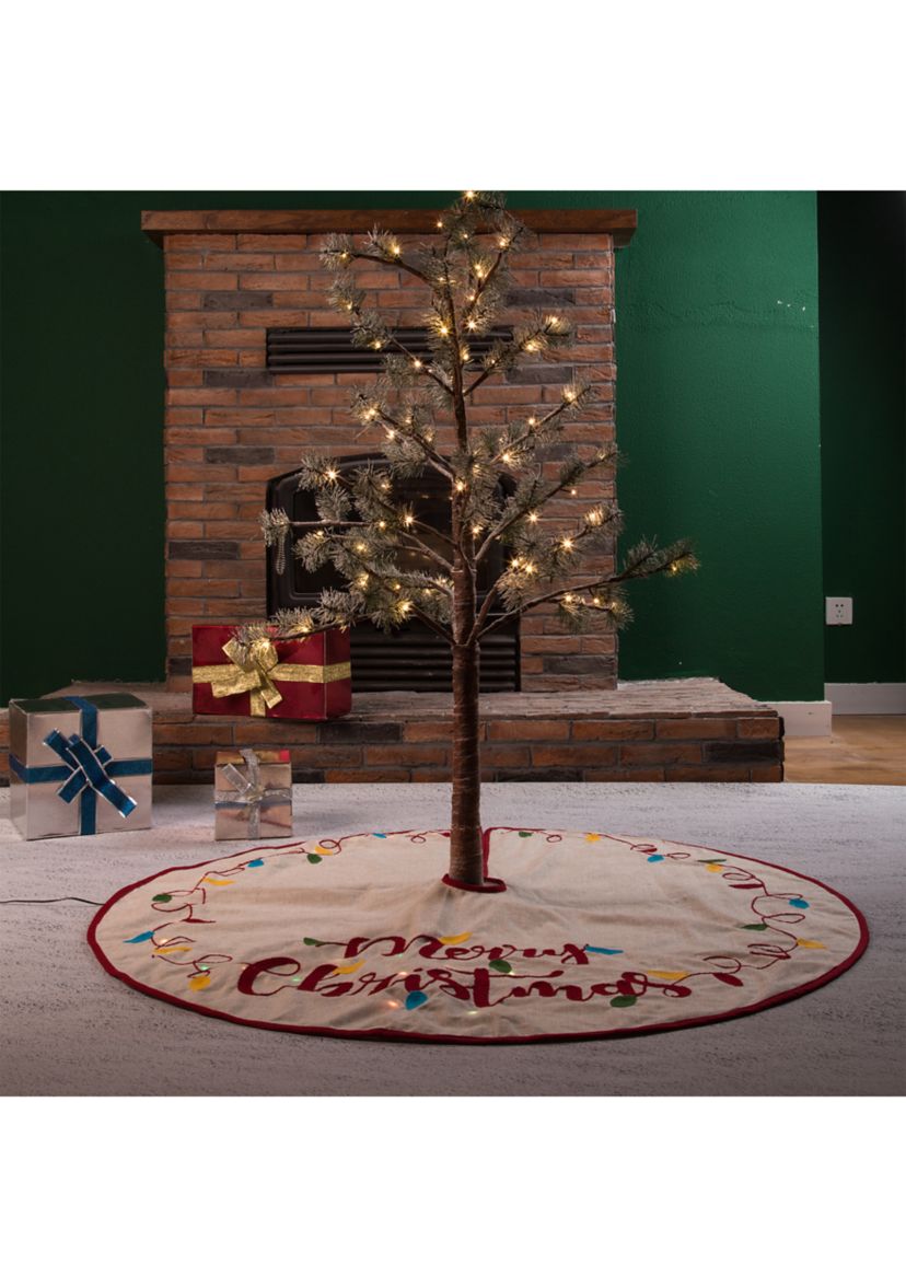 LED Embroidered Linen Christmas Tree Skirt - Merry Christmas