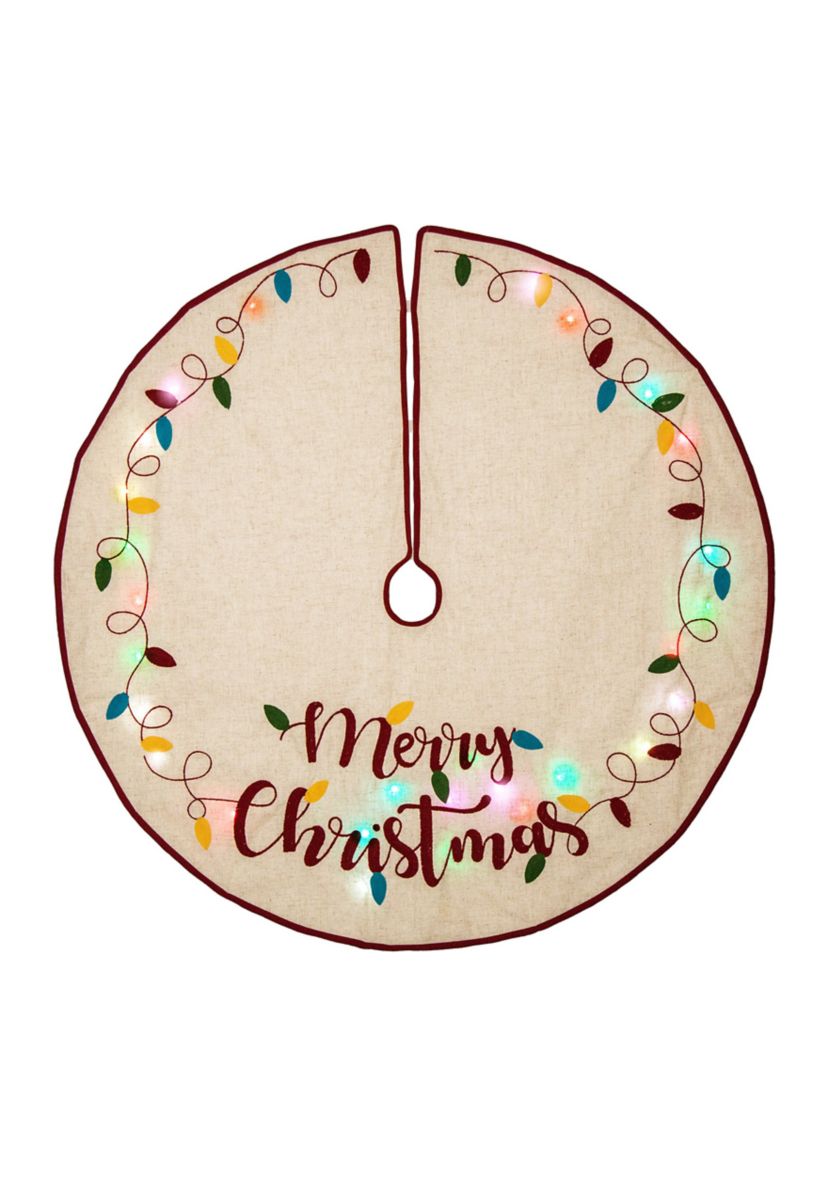 LED Embroidered Linen Christmas Tree Skirt - Merry Christmas