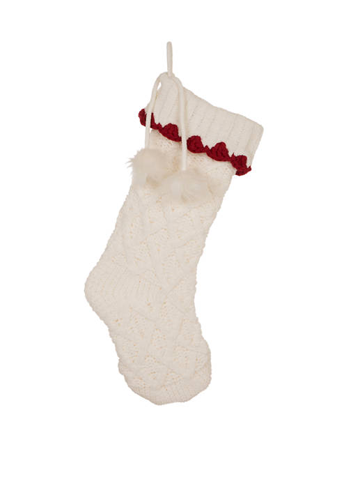 Knitted  Polyester White Christmas Stocking with Red Trim & Pompom