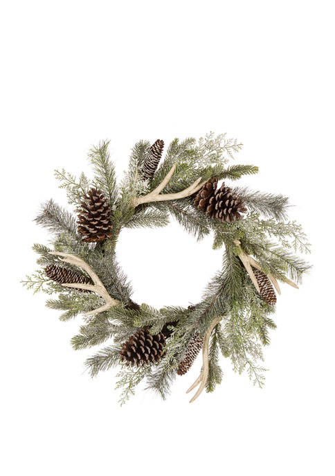 Glitzhome 24 Inch Flocked Pinecone and Antler Wreath