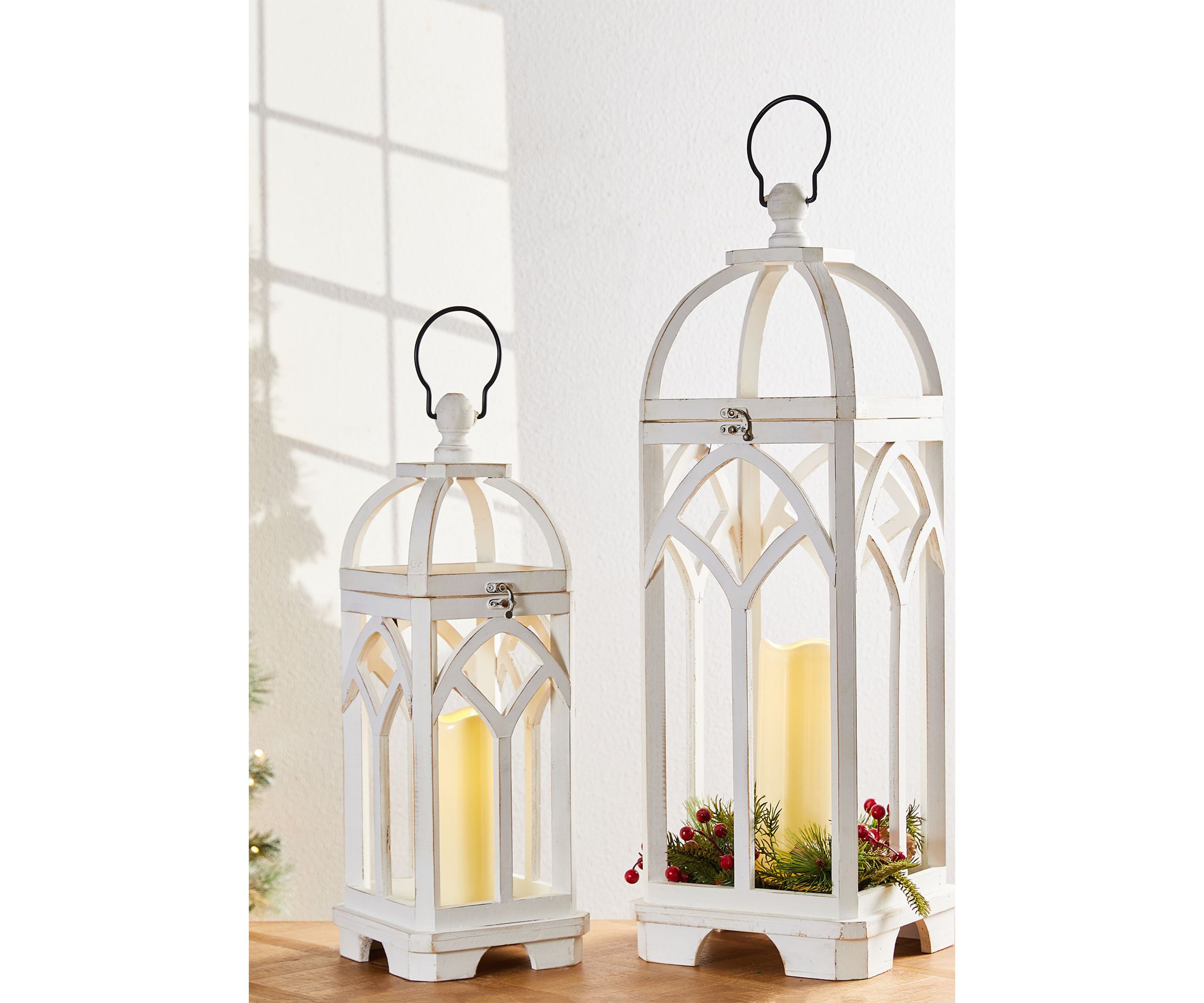 Set of 2 Farmhouse Natural Wooden church window Lanterns