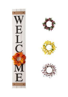 Glitzhome Wooden Welcome Porch Sign, w/4 Changable Wreathes (Spring / July 4th / Fall / Christmas), White