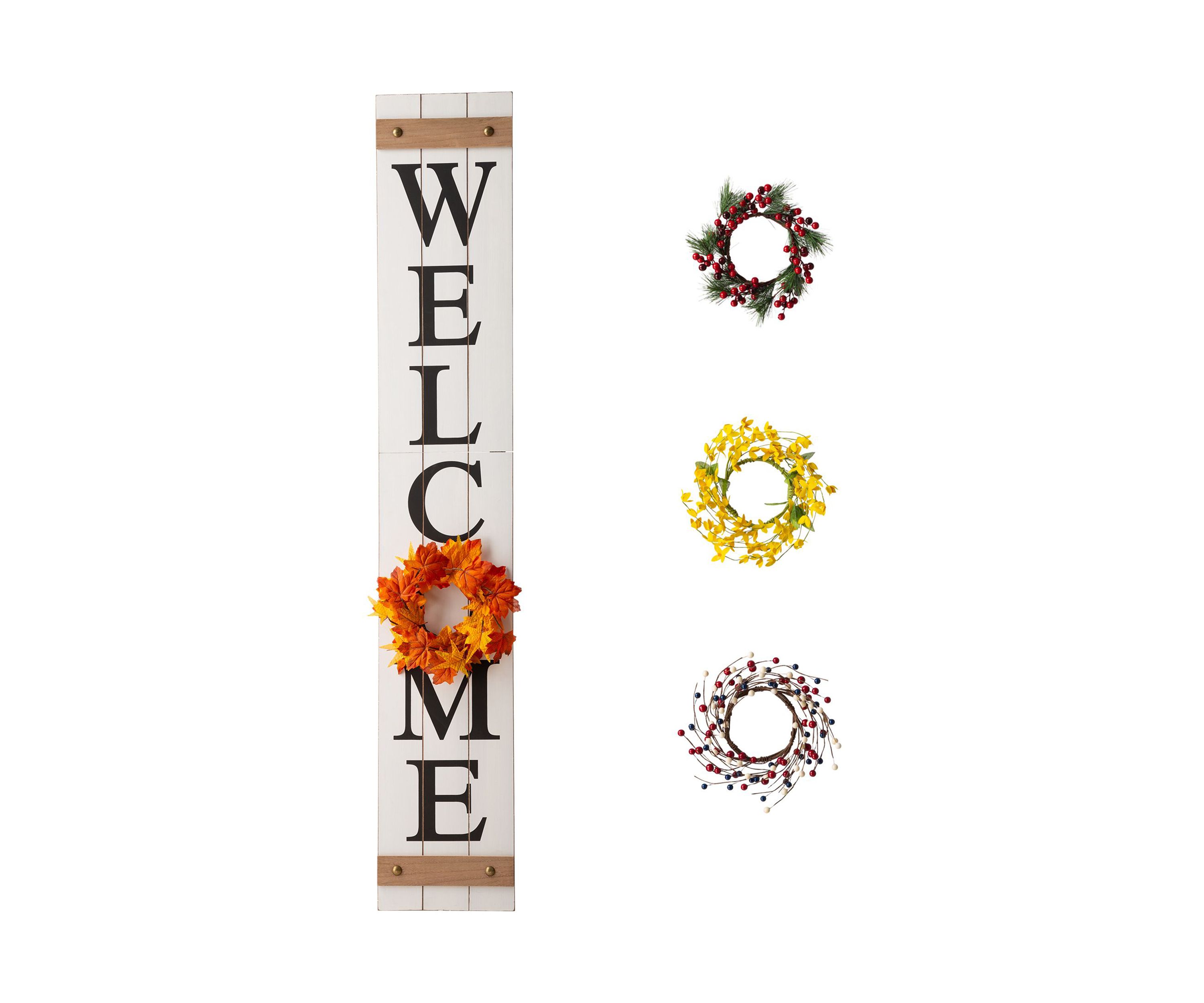 Wooden Welcome Porch Sign, w/4 Changable Wreathes (Spring / July 4th / Fall / Christmas)