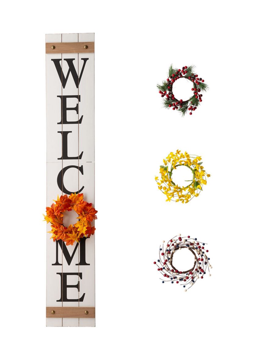 Wooden Welcome Porch Sign, w/4 Changable Wreathes (Spring / July 4th / Fall / Christmas)