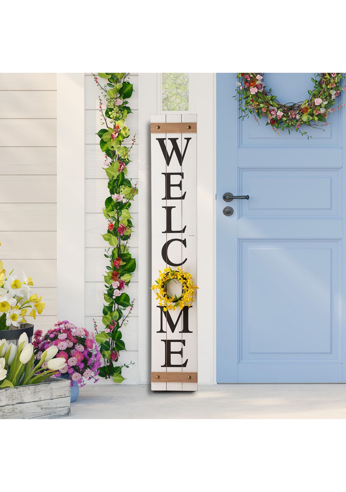 Wooden Welcome Porch Sign, w/4 Changable Wreathes (Spring / July 4th / Fall / Christmas)