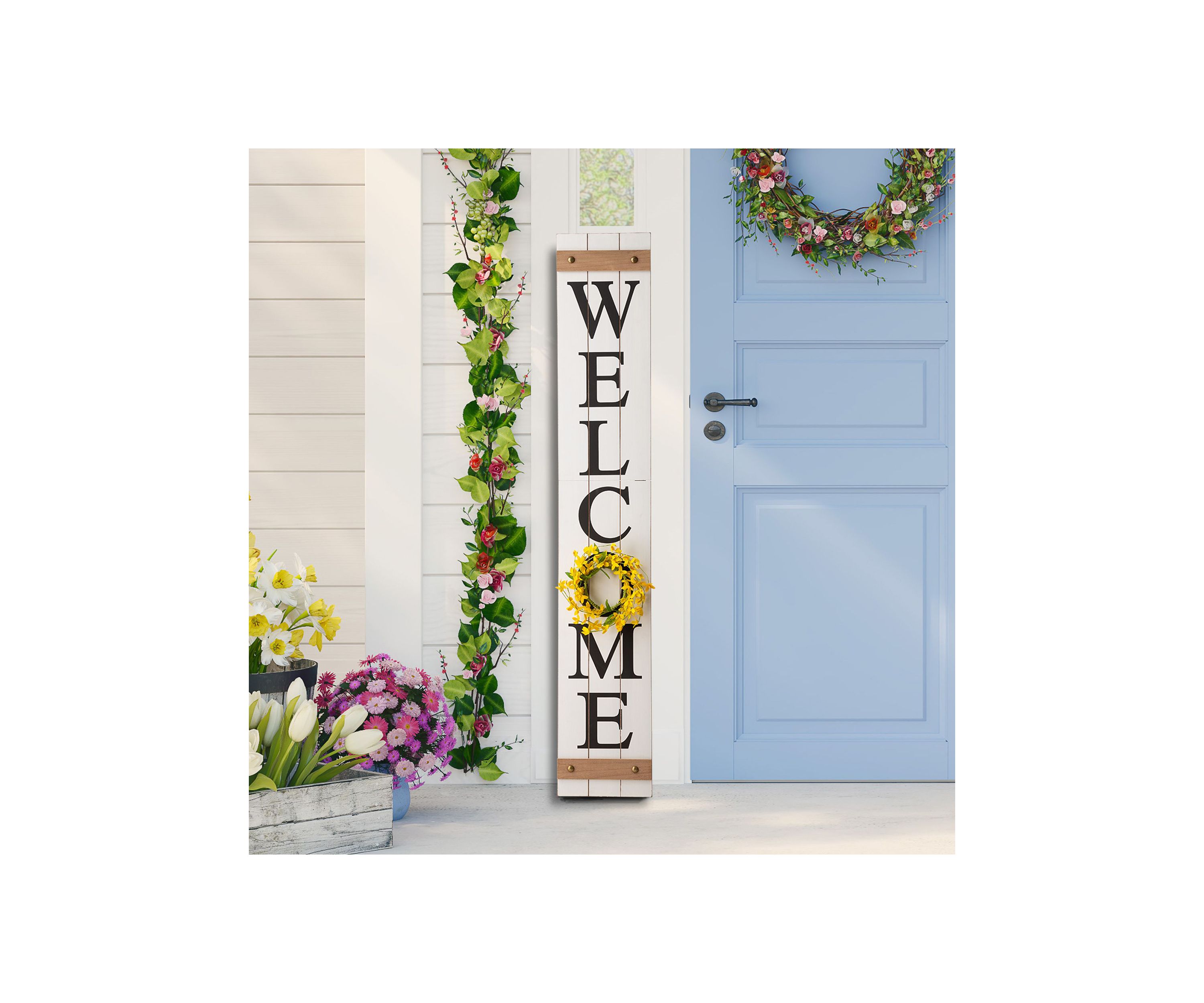 Wooden Welcome Porch Sign, w/4 Changable Wreathes (Spring / July 4th / Fall / Christmas)