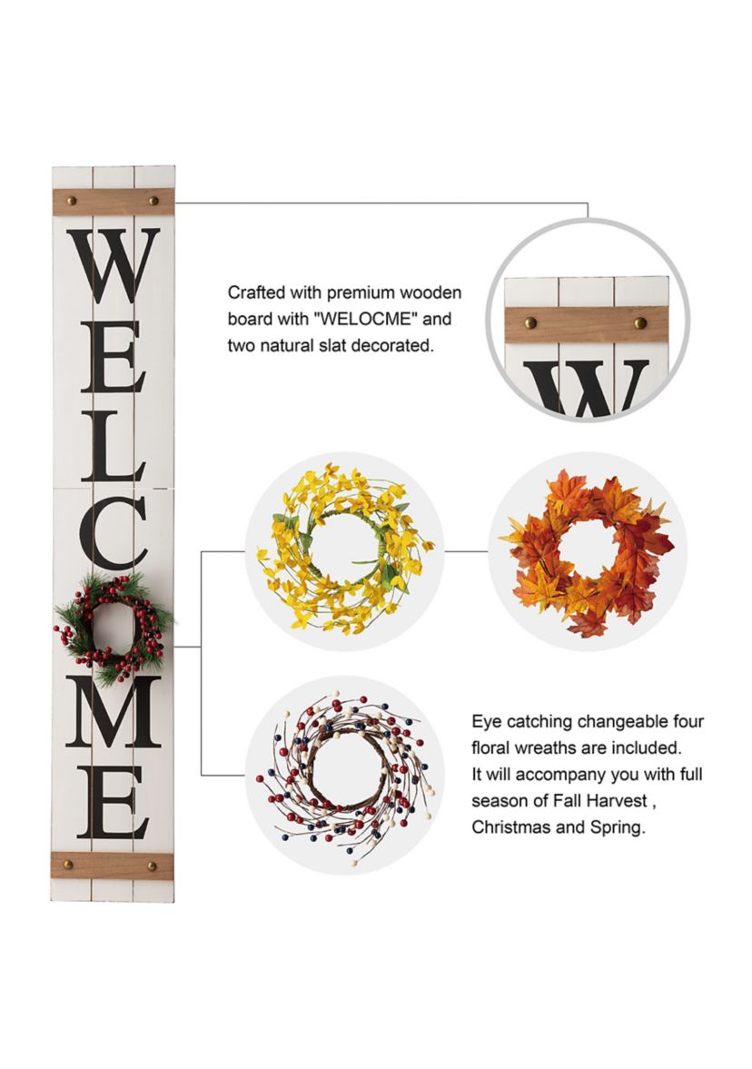 Wooden Welcome Porch Sign, w/4 Changable Wreathes (Spring / July 4th / Fall / Christmas)