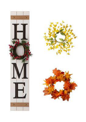 Glitzhome Wooden Home Porch Sign, w/3 Wreathesï¼Spring / Fall / Christmasï¼, White