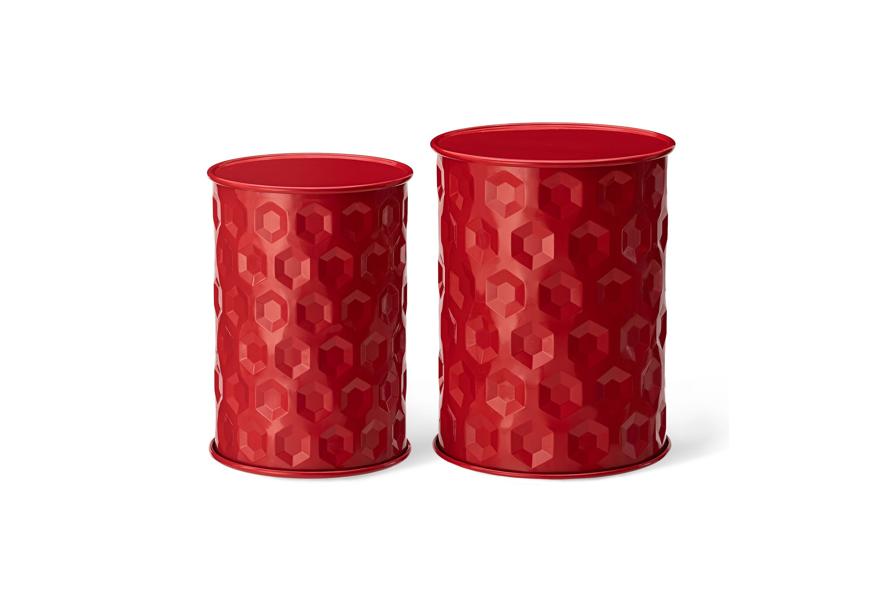 Set of 2 Multi-Functional Embossed Honeycomb Texture Cylindrical Glossy Green Metal Garden Stool or Planter Stand or Accent Table or Side TableL: 14.25"D*18.75"HS: 12.25"D*16.5"H
