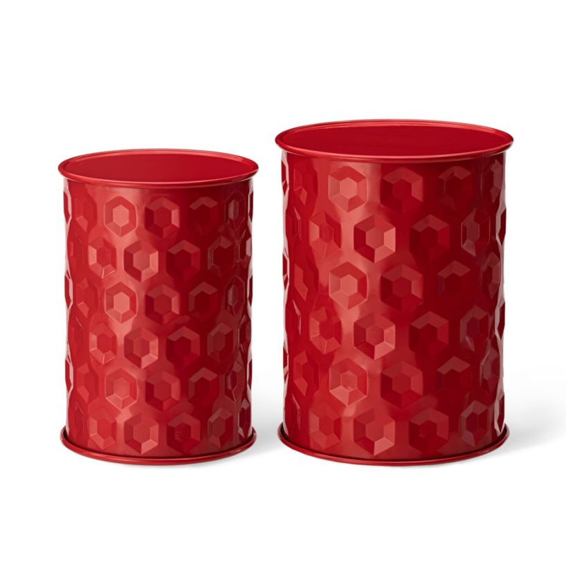 Set of 2 Multi-Functional Embossed Honeycomb Texture Cylindrical Glossy Green Metal Garden Stool or Planter Stand or Accent Table or Side TableL: 14.25"D*18.75"HS: 12.25"D*16.5"H