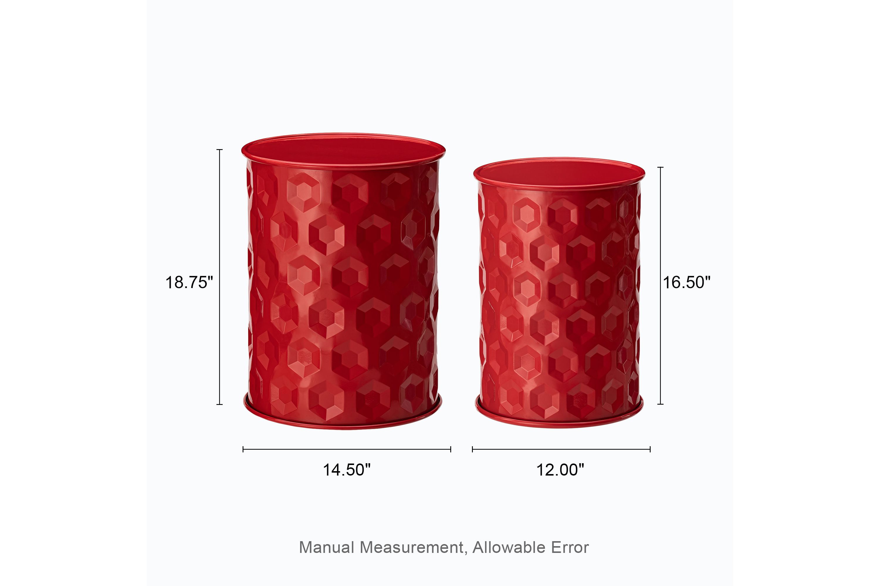 Set of 2 Multi-Functional Embossed Honeycomb Texture Cylindrical Glossy Green Metal Garden Stool or Planter Stand or Accent Table or Side TableL: 14.25"D*18.75"HS: 12.25"D*16.5"H