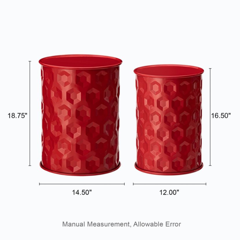 Set of 2 Multi-Functional Embossed Honeycomb Texture Cylindrical Glossy Green Metal Garden Stool or Planter Stand or Accent Table or Side TableL: 14.25"D*18.75"HS: 12.25"D*16.5"H