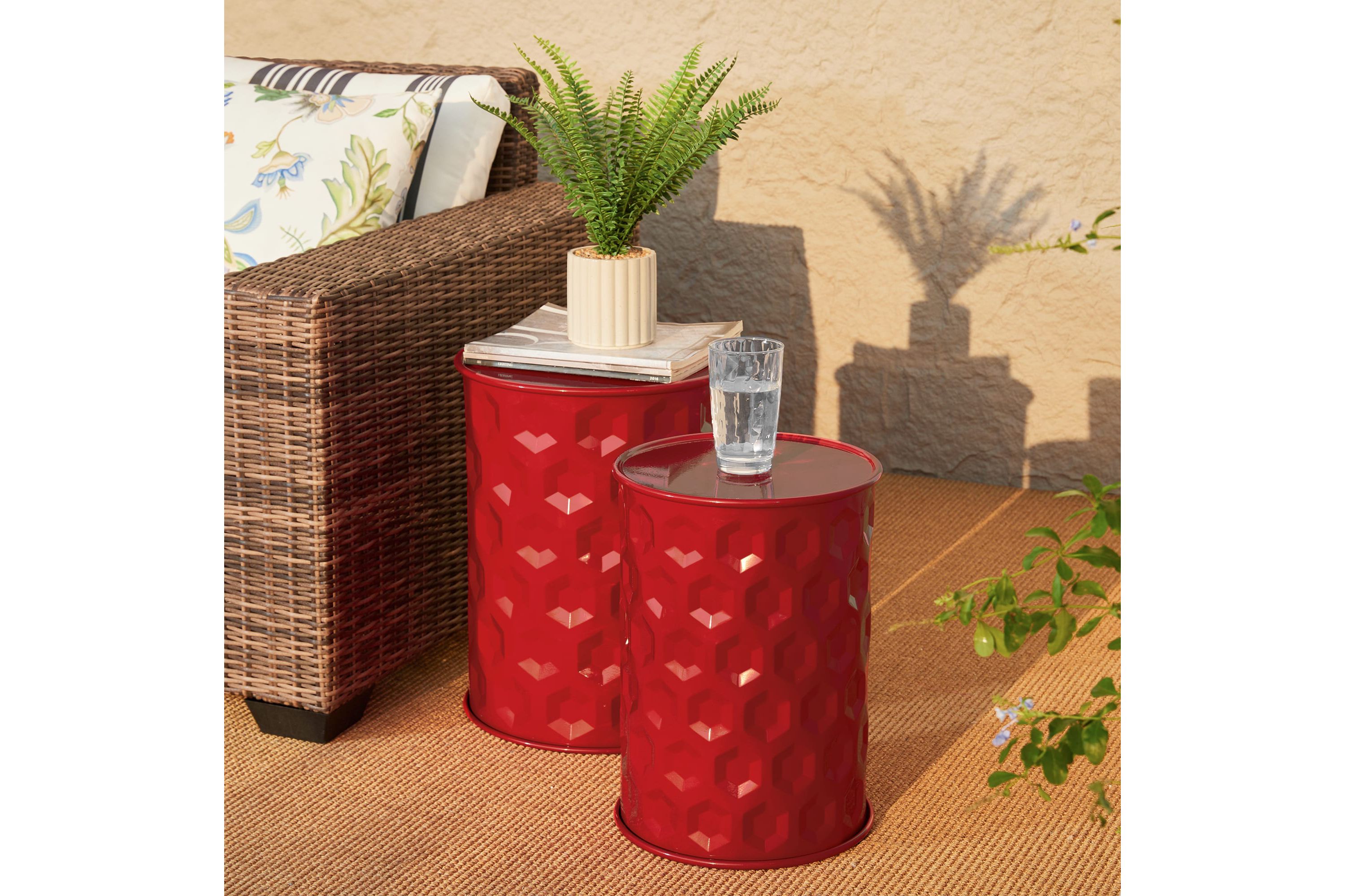 Set of 2 Multi-Functional Embossed Honeycomb Texture Cylindrical Glossy Green Metal Garden Stool or Planter Stand or Accent Table or Side TableL: 14.25"D*18.75"HS: 12.25"D*16.5"H