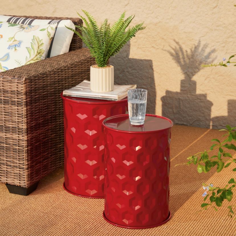 Set of 2 Multi-Functional Embossed Honeycomb Texture Cylindrical Glossy Green Metal Garden Stool or Planter Stand or Accent Table or Side TableL: 14.25"D*18.75"HS: 12.25"D*16.5"H