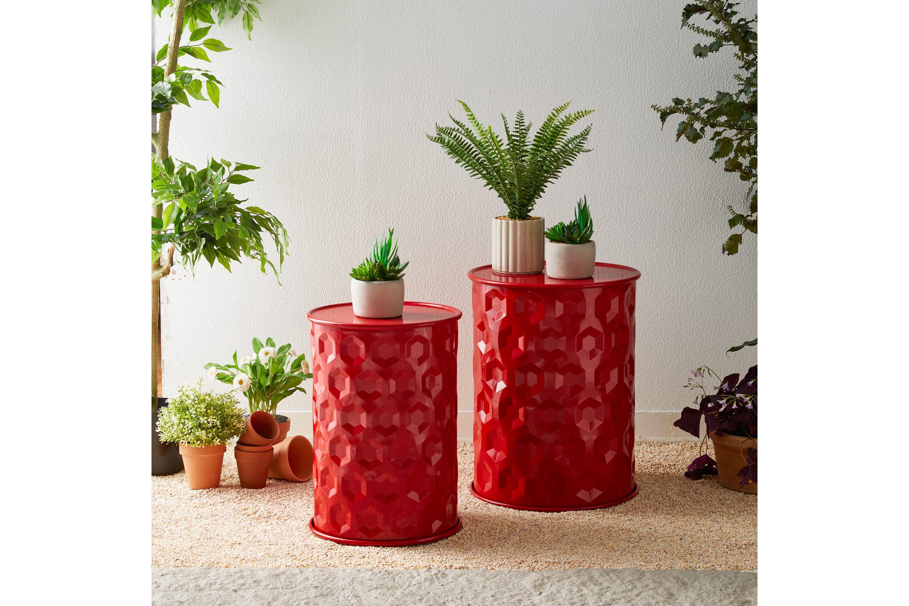 Set of 2 Multi-Functional Embossed Honeycomb Texture Cylindrical Glossy Green Metal Garden Stool or Planter Stand or Accent Table or Side TableL: 14.25"D*18.75"HS: 12.25"D*16.5"H