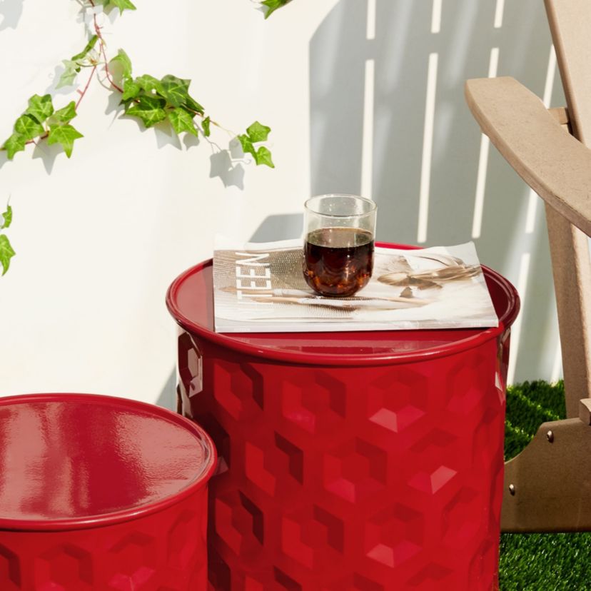 Set of 2 Multi-Functional Embossed Honeycomb Texture Cylindrical Glossy Green Metal Garden Stool or Planter Stand or Accent Table or Side TableL: 14.25"D*18.75"HS: 12.25"D*16.5"H