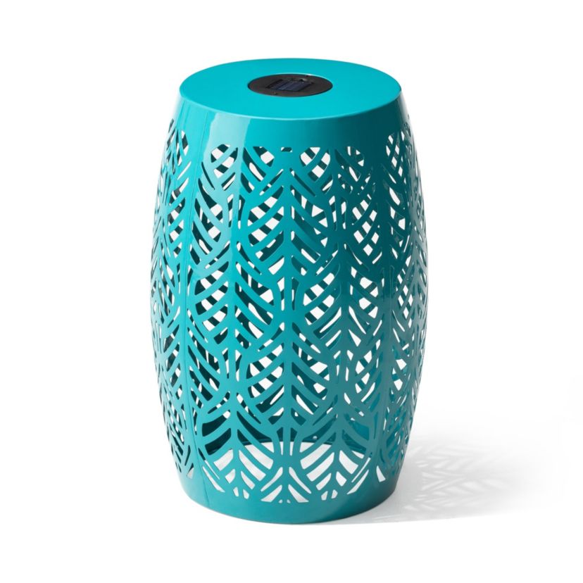 18.25"H Multi-Functional Orange Iron Cutout Leaf Pattern Drum Silhouette Solar Powdered Garden Stools or Planter Stand or Accent Table or Side Table