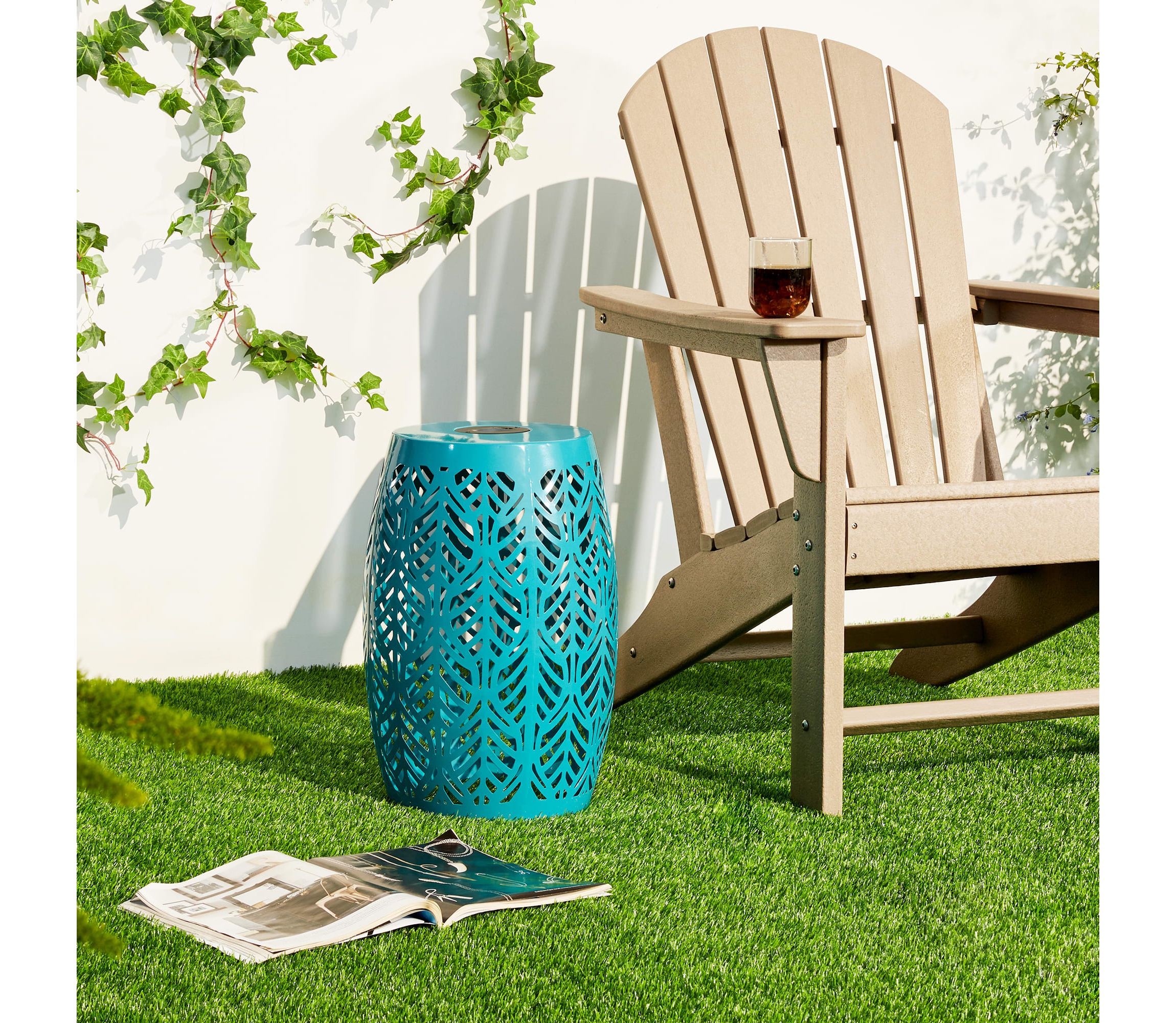 18.25"H Multi-Functional Orange Iron Cutout Leaf Pattern Drum Silhouette Solar Powdered Garden Stools or Planter Stand or Accent Table or Side Table