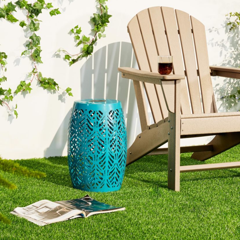18.25"H Multi-Functional Orange Iron Cutout Leaf Pattern Drum Silhouette Solar Powdered Garden Stools or Planter Stand or Accent Table or Side Table