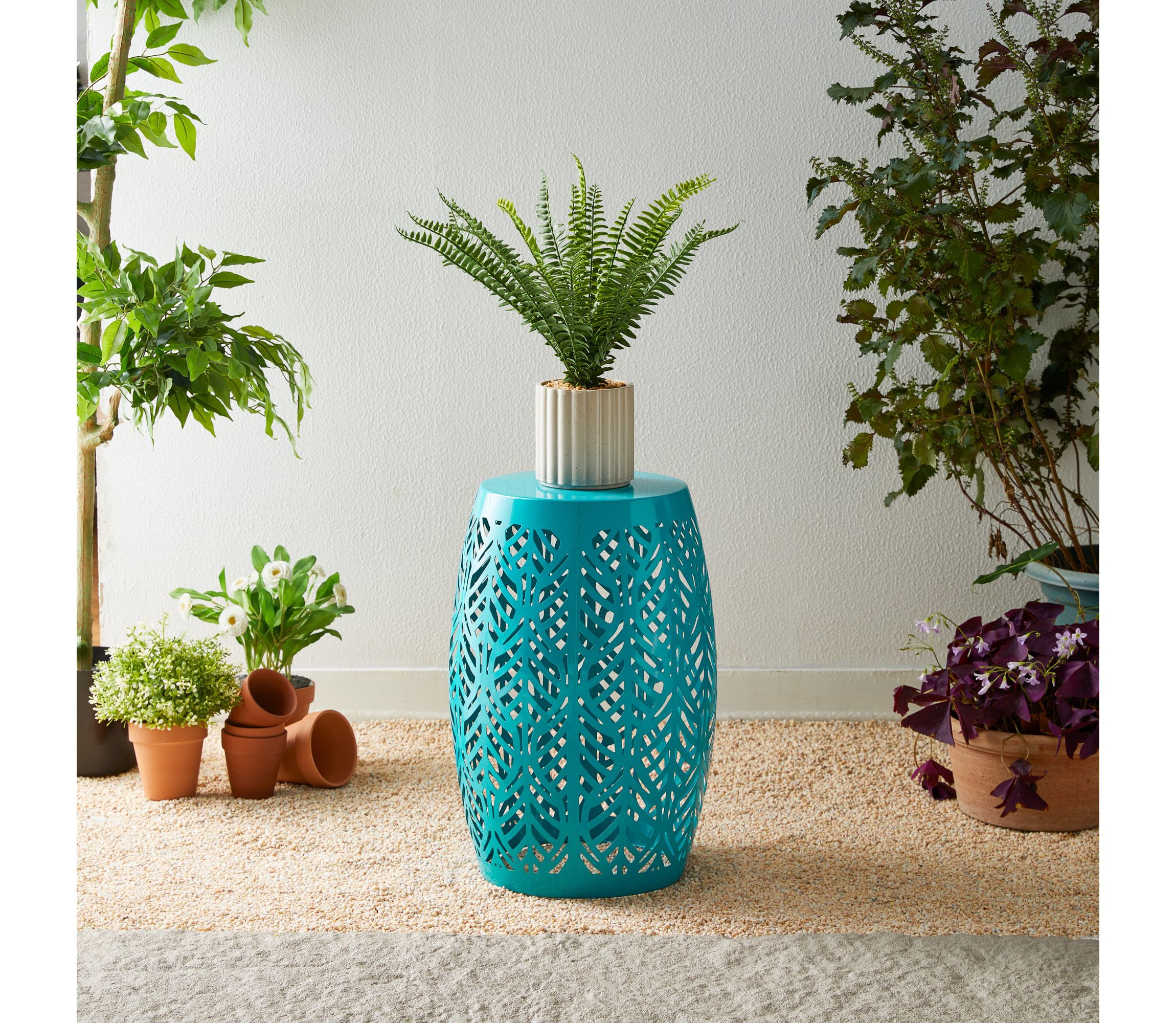 18.25"H Multi-Functional Orange Iron Cutout Leaf Pattern Drum Silhouette Solar Powdered Garden Stools or Planter Stand or Accent Table or Side Table