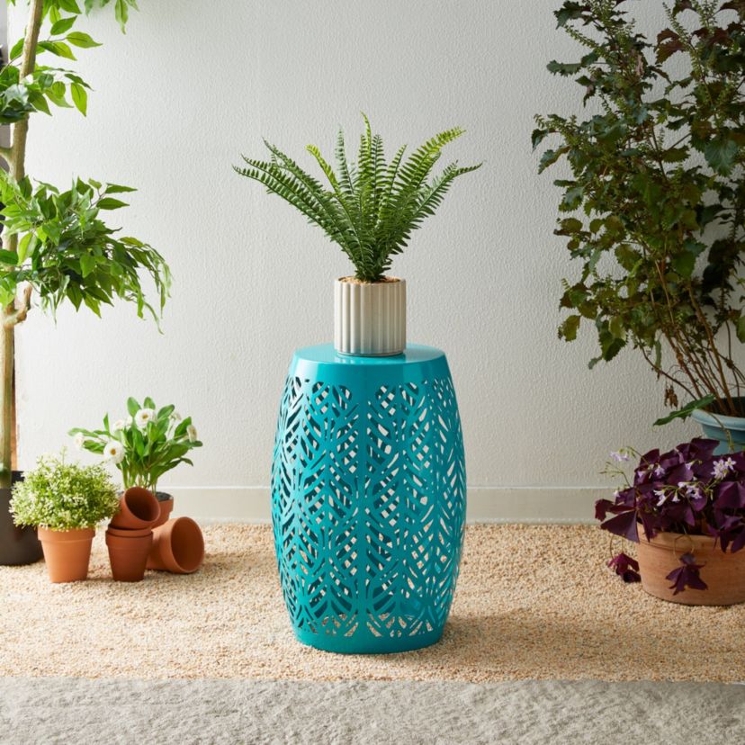 18.25"H Multi-Functional Orange Iron Cutout Leaf Pattern Drum Silhouette Solar Powdered Garden Stools or Planter Stand or Accent Table or Side Table