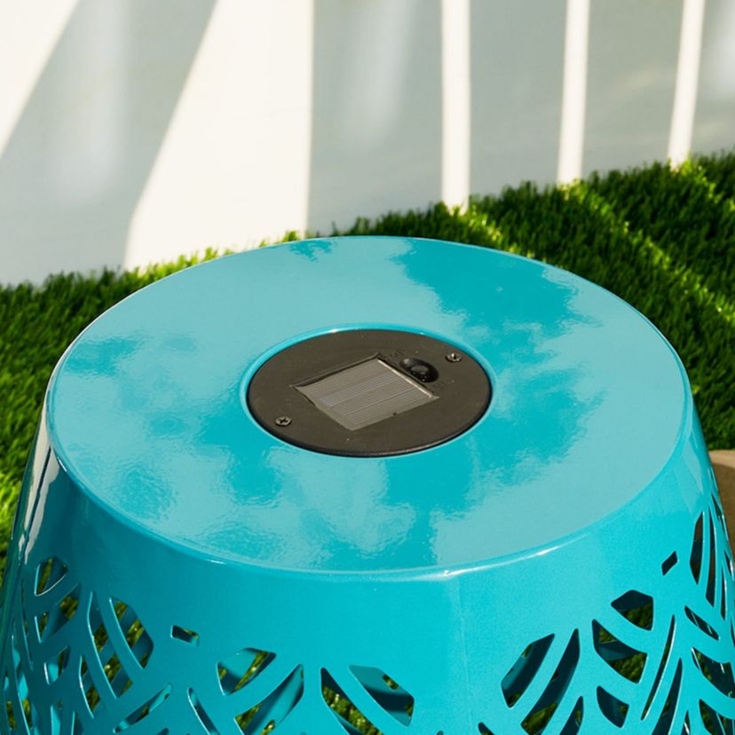 18.25"H Multi-Functional Orange Iron Cutout Leaf Pattern Drum Silhouette Solar Powdered Garden Stools or Planter Stand or Accent Table or Side Table