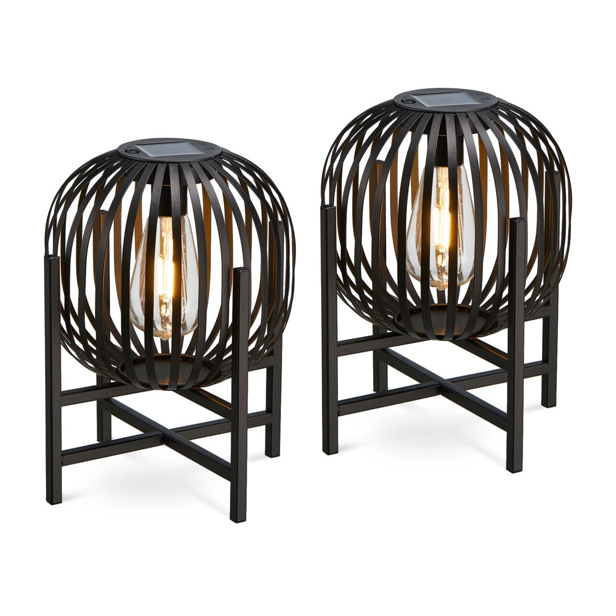 11.50"H Set of 2 Black Metal Stripes Solar Powered Edison Bulb Outdoor Lantern with Stand