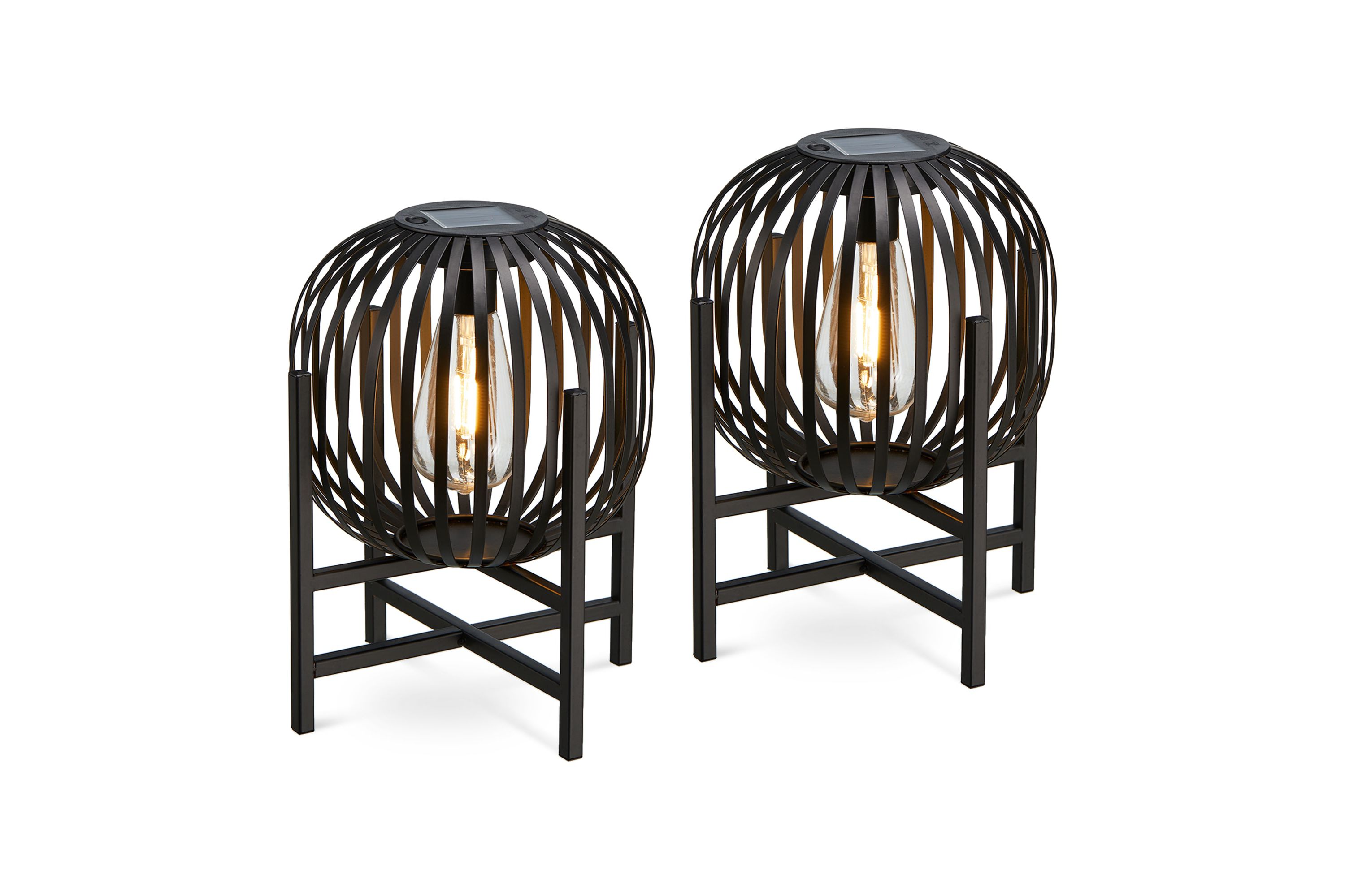 11.50"H Set of 2 Black Metal Stripes Solar Powered Edison Bulb Outdoor Lantern with Stand
