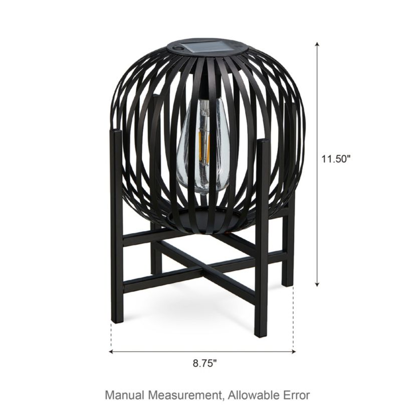 11.50"H Set of 2 Black Metal Stripes Solar Powered Edison Bulb Outdoor Lantern with Stand