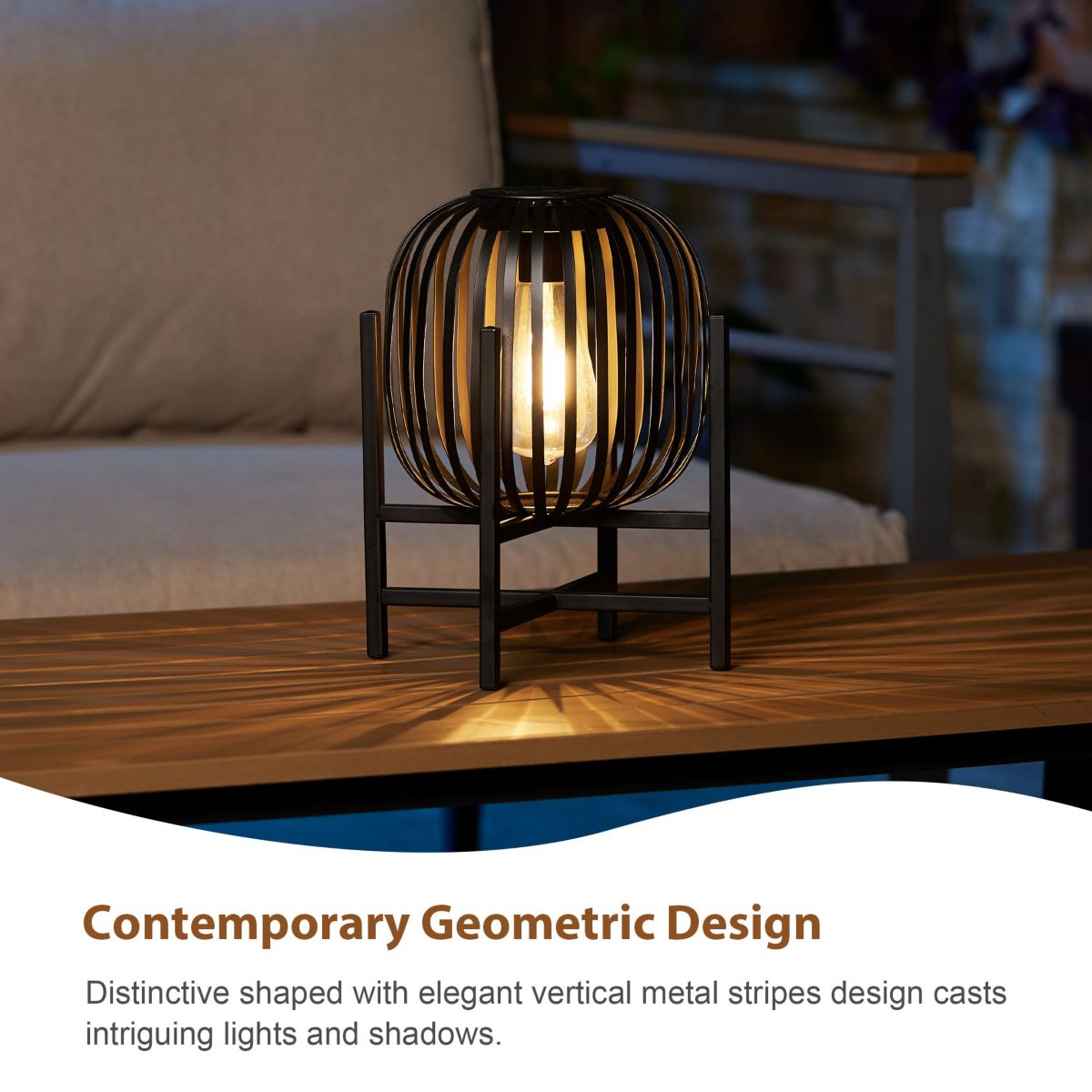 11.50"H Set of 2 Black Metal Stripes Solar Powered Edison Bulb Outdoor Lantern with Stand