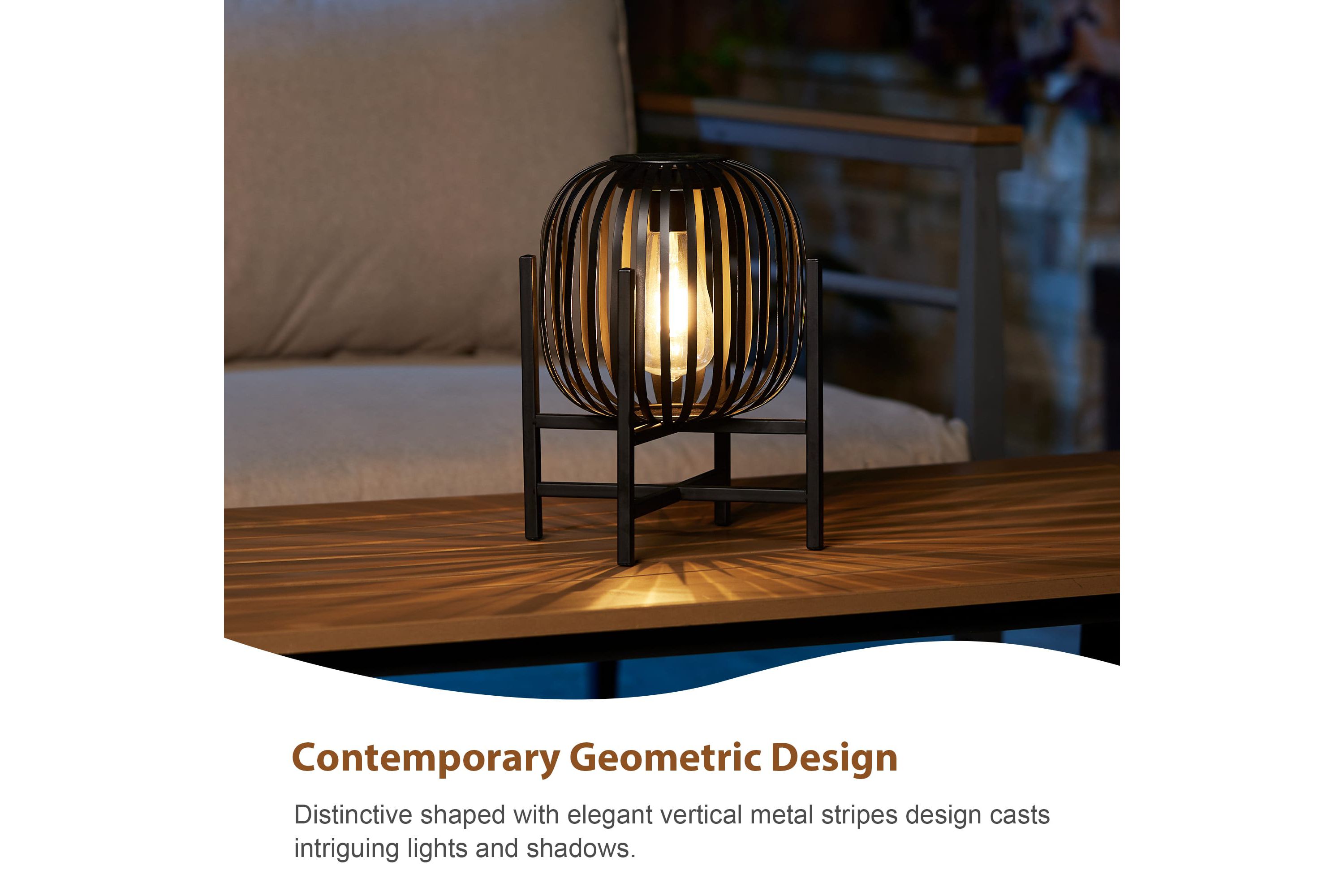 11.50"H Set of 2 Black Metal Stripes Solar Powered Edison Bulb Outdoor Lantern with Stand