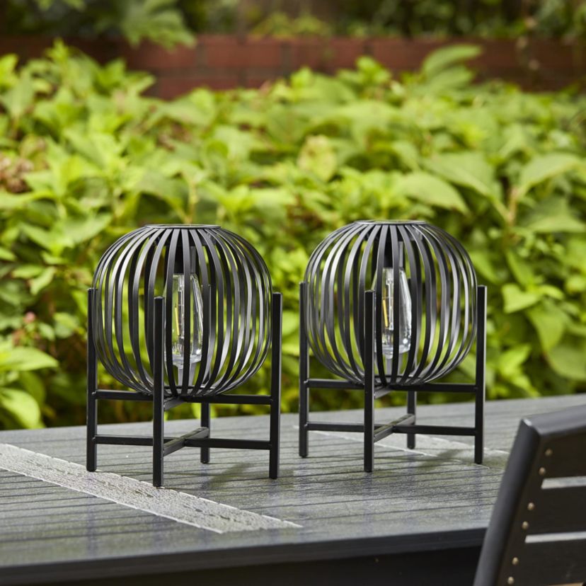 11.50"H Set of 2 Black Metal Stripes Solar Powered Edison Bulb Outdoor Lantern with Stand
