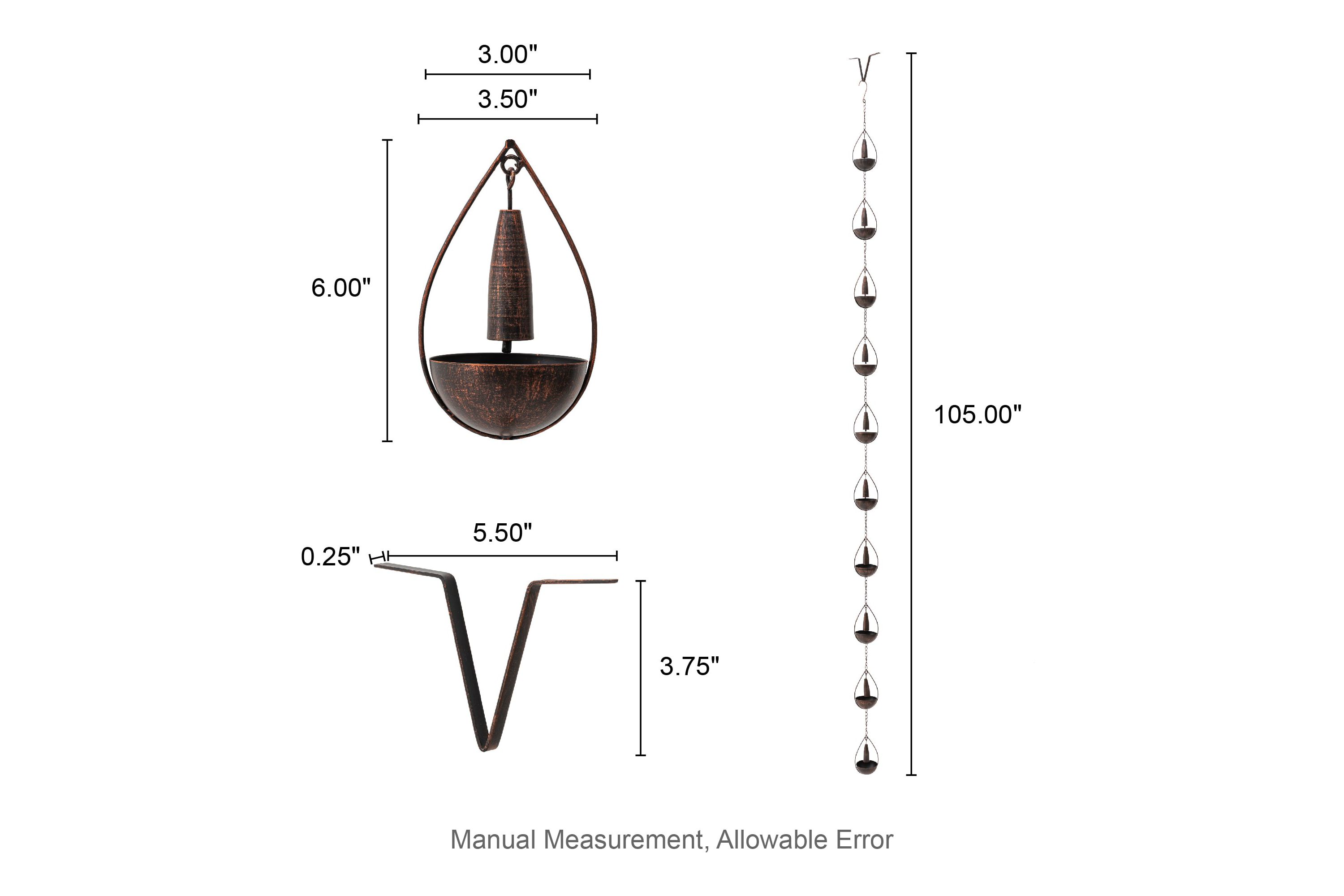 8.5ft 10-Piece Faux Copper Bowl and Bell Shaped Rain Chain with V-Shaped Gutter Clip