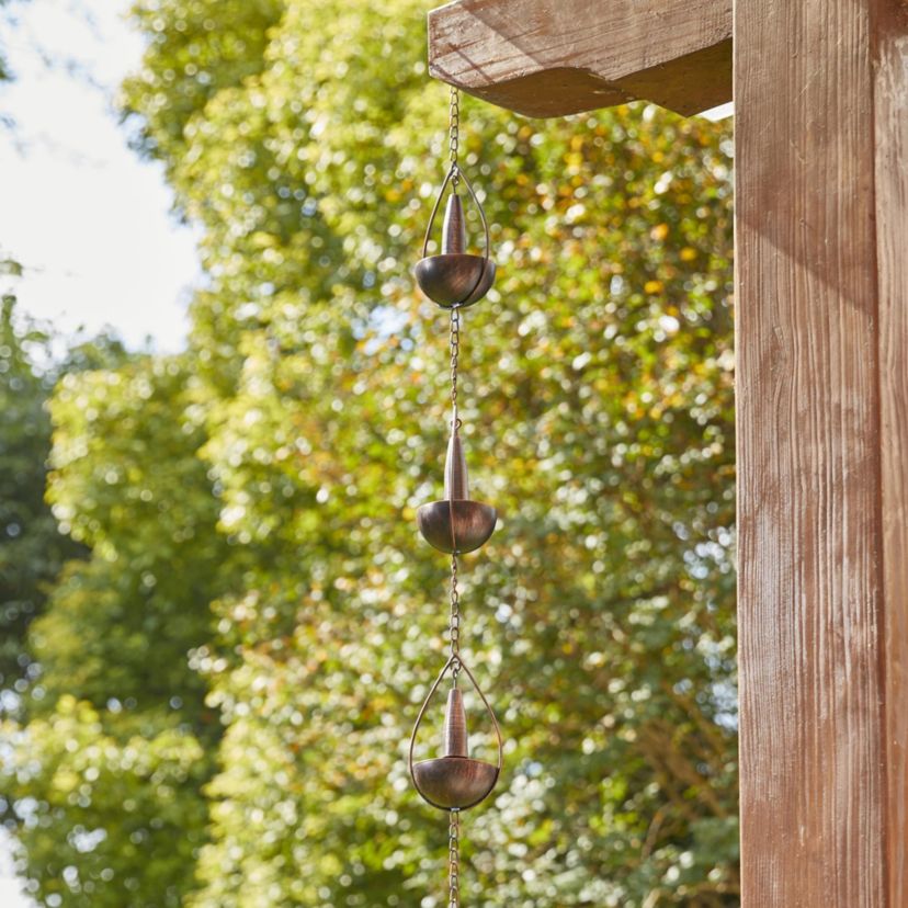 8.5ft 10-Piece Faux Copper Bowl and Bell Shaped Rain Chain with V-Shaped Gutter Clip