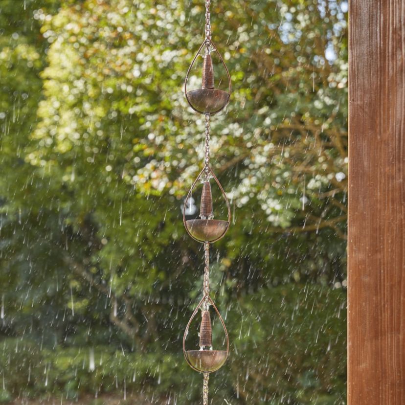 8.5ft 10-Piece Faux Copper Bowl and Bell Shaped Rain Chain with V-Shaped Gutter Clip