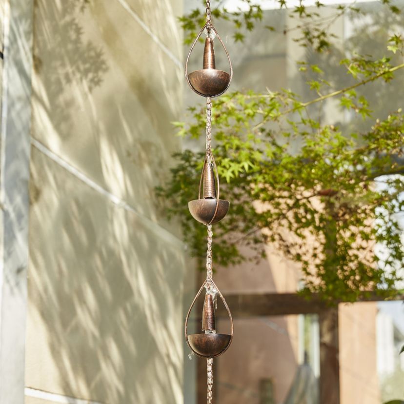 8.5ft 10-Piece Faux Copper Bowl and Bell Shaped Rain Chain with V-Shaped Gutter Clip