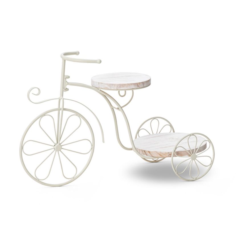 18"L Washed White Solid Wood and Metal Tricycle Planter StandTray Size: 9.25"D X 0.75"H